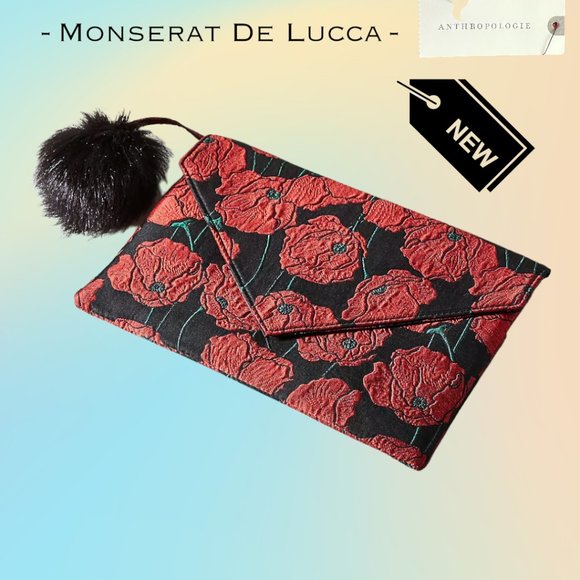 NWT Anthropologie Monserrat De Lucca Black & Red Floral Poppy Clutch w/ Pom Pom - Picture 1 of 8